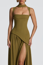 ALESSIA | Elegantes Maxi Kleid mit Chiffon-Rock – Olivgrün