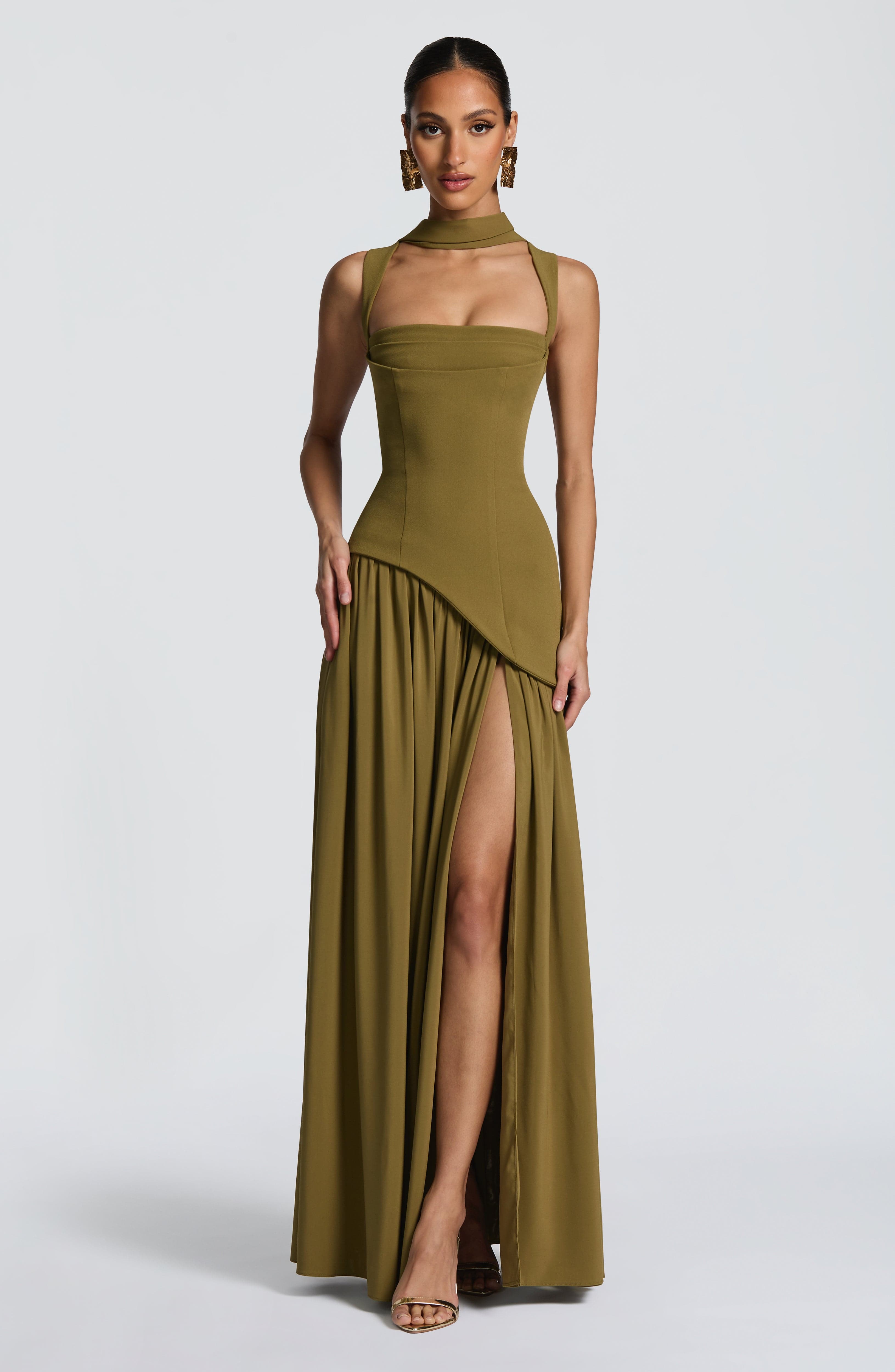 ALESSIA | Elegantes Maxi Kleid mit Chiffon-Rock – Olivgrün